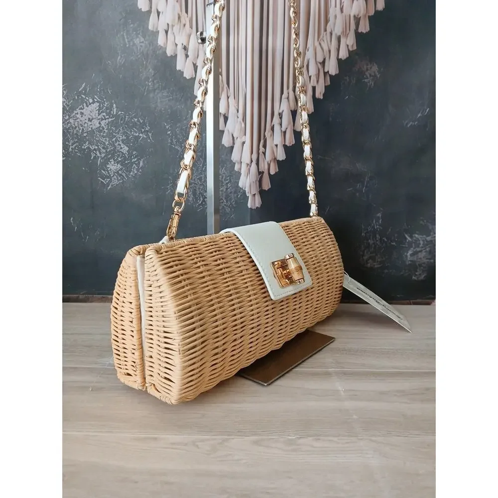 Tommy Bahama Woven Wicker Purse Clutch Bag New With Tags Turnlock Tan Cream - Picture 4 of 15